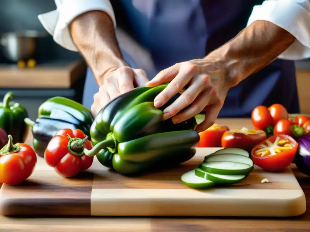 Las hábiles manos de un chef cortando verduras para una receta auténtica Caponata Siciliana