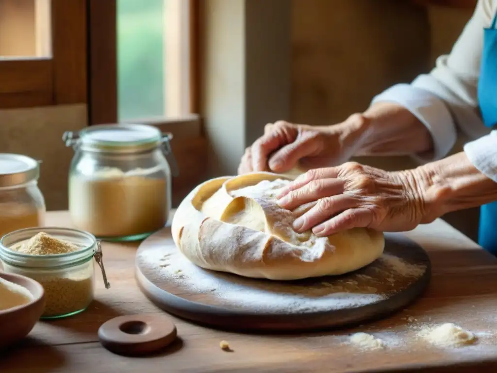 Las hábiles manos envejecidas de una nonna italiana moldean masa para pan de masa madre, con ingredientes fermentados en un rústico ambiente de cocina