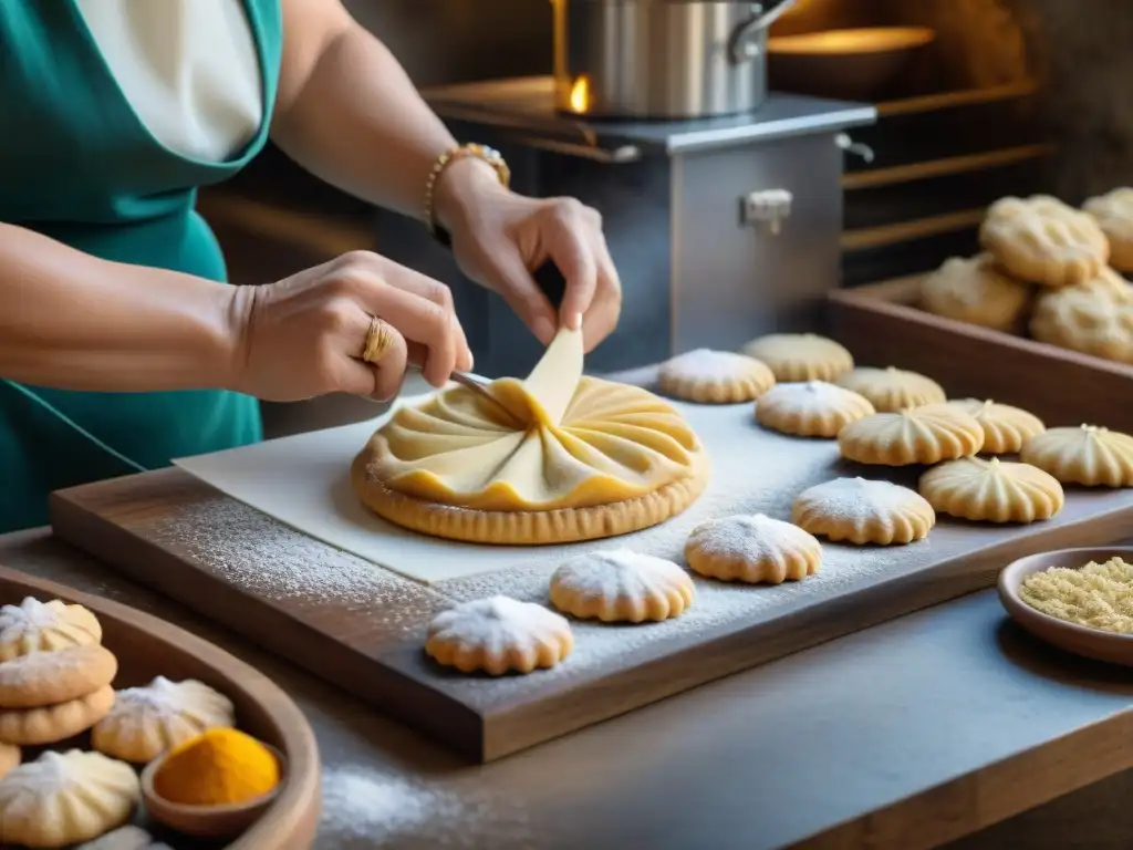 Unas hábiles manos elaboran con esmero galletas rellenas Genovesi da Erice en una cocina rústica siciliana