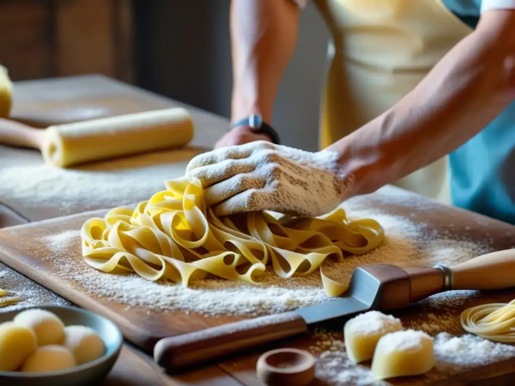 Las hábiles manos del maestro pasta italiano dando forma a la pasta fresca, con utensilios de cocina tradicionales al fondo