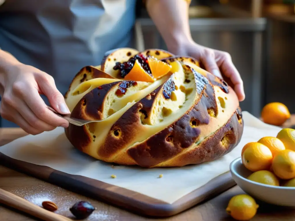 Las hábiles manos del maestro panadero mezclan frutas en masa de panettone dorado