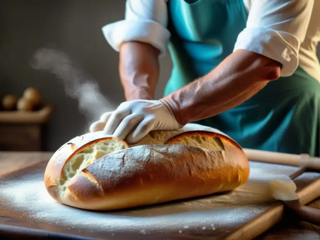 Las hábiles manos de un maestro panadero moldeando un pan italiano tradicional, destacando la importancia del pan en Italia