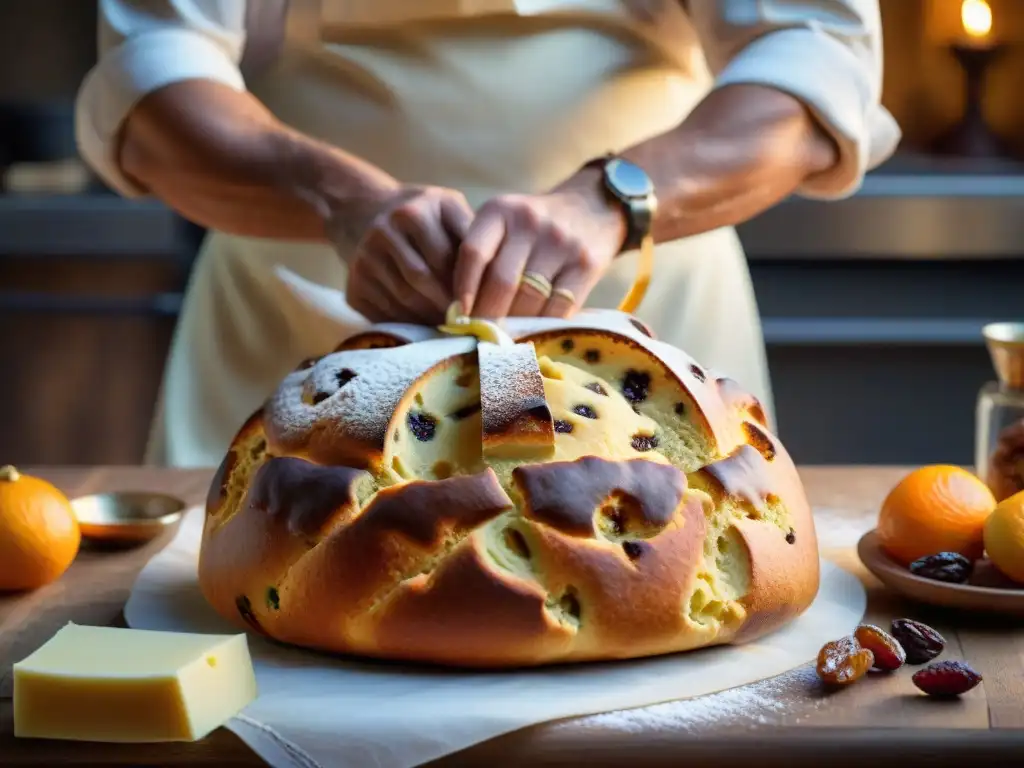 Las hábiles manos del maestro panadero moldean con destreza el panettone artesanal, destacando la artesanía y pasión en su elaboración