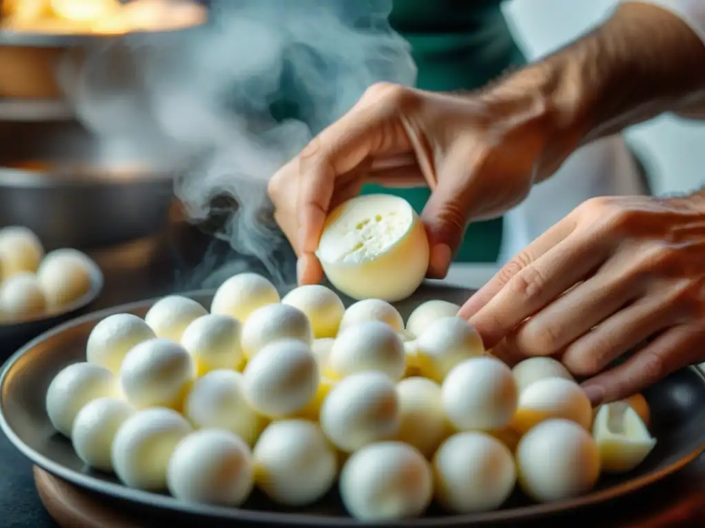 Las hábiles manos de un maestro quesero moldeando mozzarella fresca