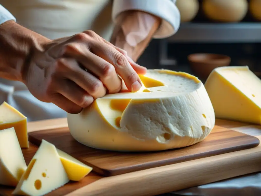 Las hábiles manos del maestro quesero moldean con destreza el Queso Robiola, resaltando su textura cremosa y el arte detrás de su elaboración