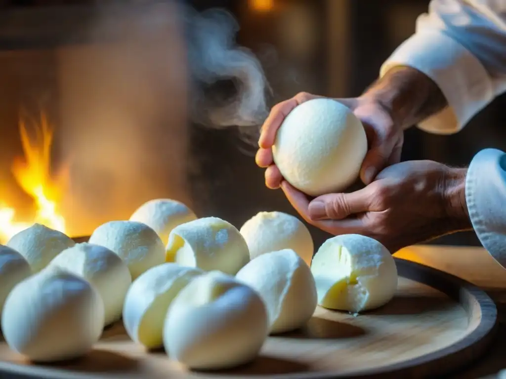 Las hábiles manos de un maestro quesero italiano creando burratas en una tradicional fábrica en Puglia, Italia