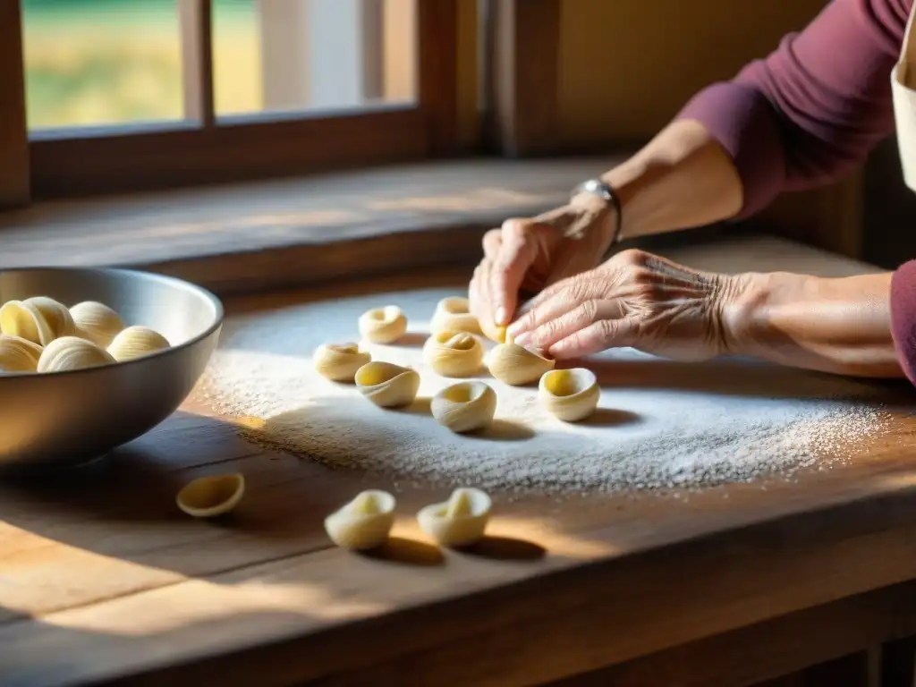 Las hábiles manos de una nonna italiana crean orecchiette casera en una cocina rústica