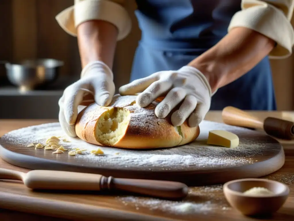 Amasando con delicadeza: manos de panadero crean biscotti artesanal Las hábiles manos del panadero amasan con delicadeza la masa de biscotti en una cocina rústica de madera, evocando la artesanía italiana