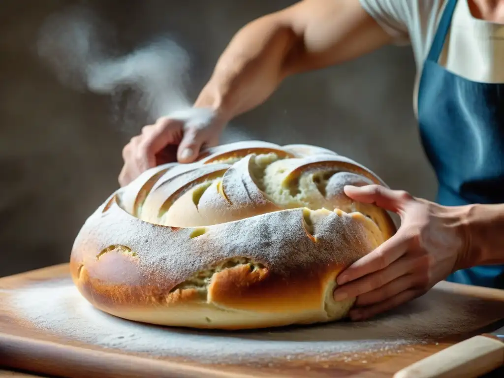 Las hábiles manos de un panadero moldeando con destreza la masa del Pane di Genzano, revelando el origen y elaboración con detalle