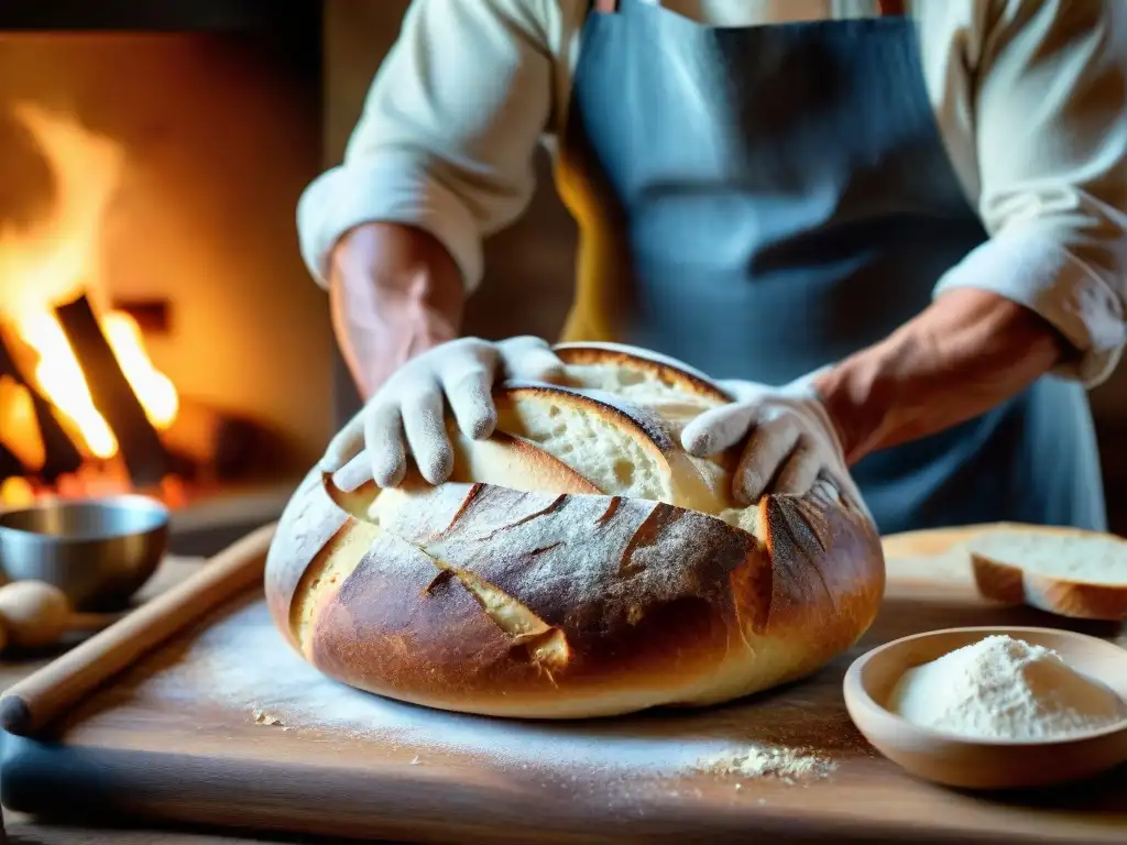 Las hábiles manos de un panadero experto moldeando un pan de masa madre frente al horno de leña