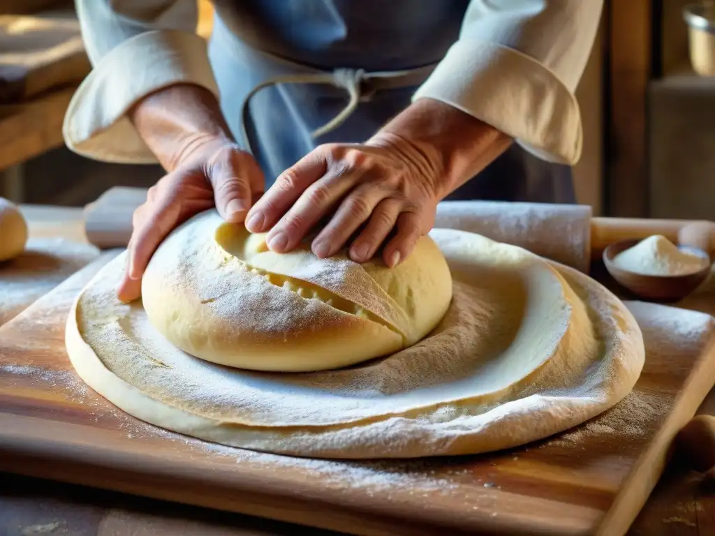 Las hábiles manos del panadero experto amasan la masa para Pan de Altamura receta tradicional en una panadería rústica italiana