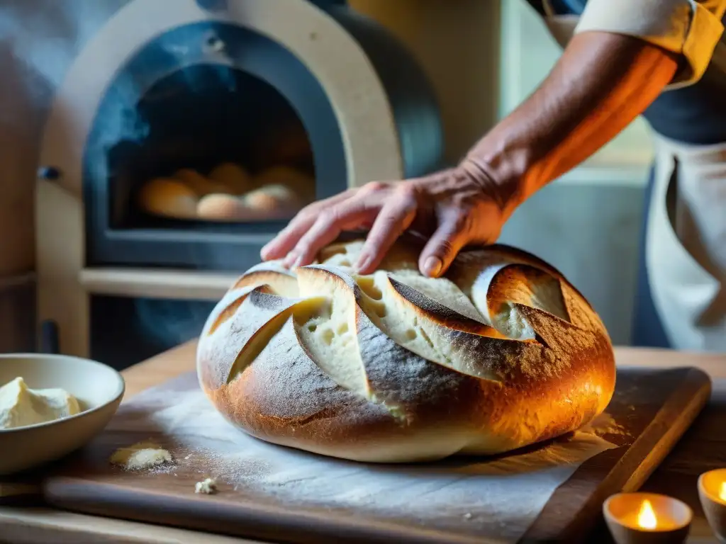 Las hábiles manos de un panadero italiano moldeando masa de pan antes de hornear