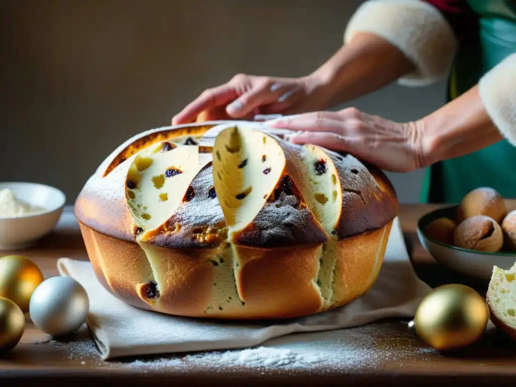 Las hábiles manos del panadero italiano amasan con dedicación una gran cantidad de masa de Panettone, mostrando el origen y tradición del Panettone