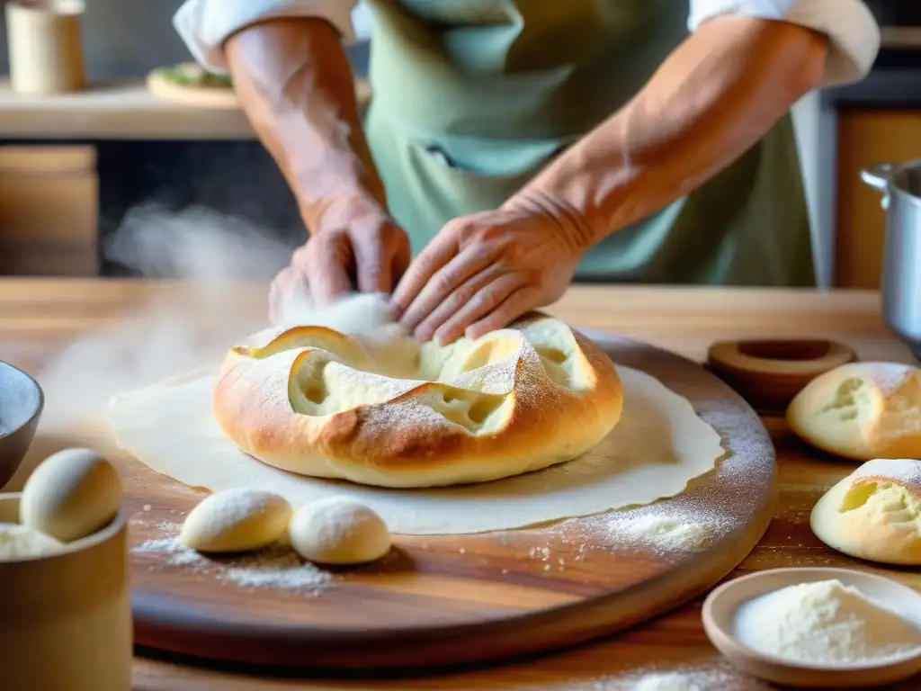 Las hábiles manos de un panadero moldeando masa de Focaccia Genovese, con textura detallada y harina en el aire