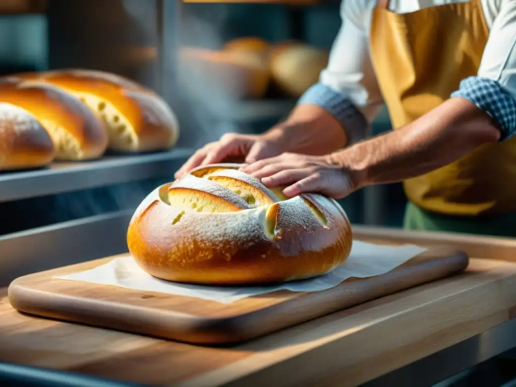 Hábiles manos de panadero moldean un pan redondo de Pane di Altamura tradicional italiano, destacando la magia artesanal en la panadería italiana