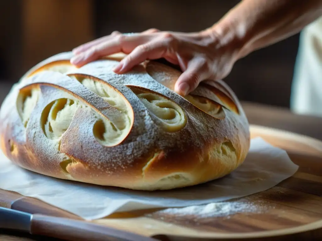 Unos hábiles manos de panadero moldean a la perfección un Pane di Genzano, mostrando la esencia de su origen y elaboración