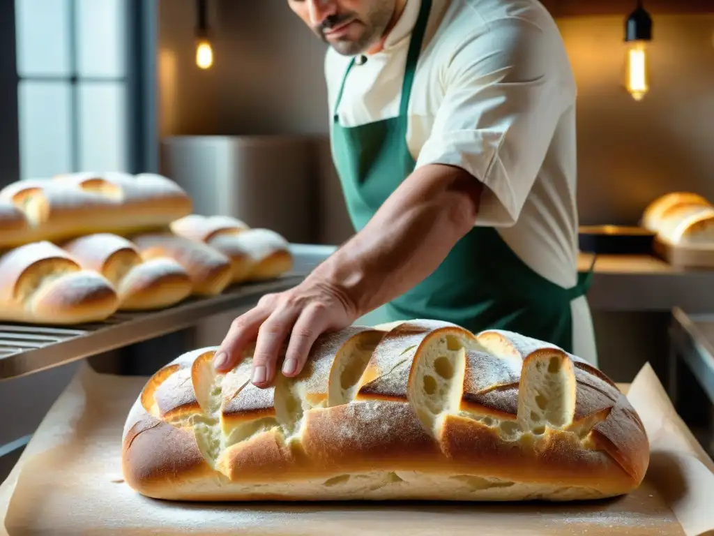 Las hábiles manos del panadero moldean con precisión la ciabatta perfecta en una panadería rústica