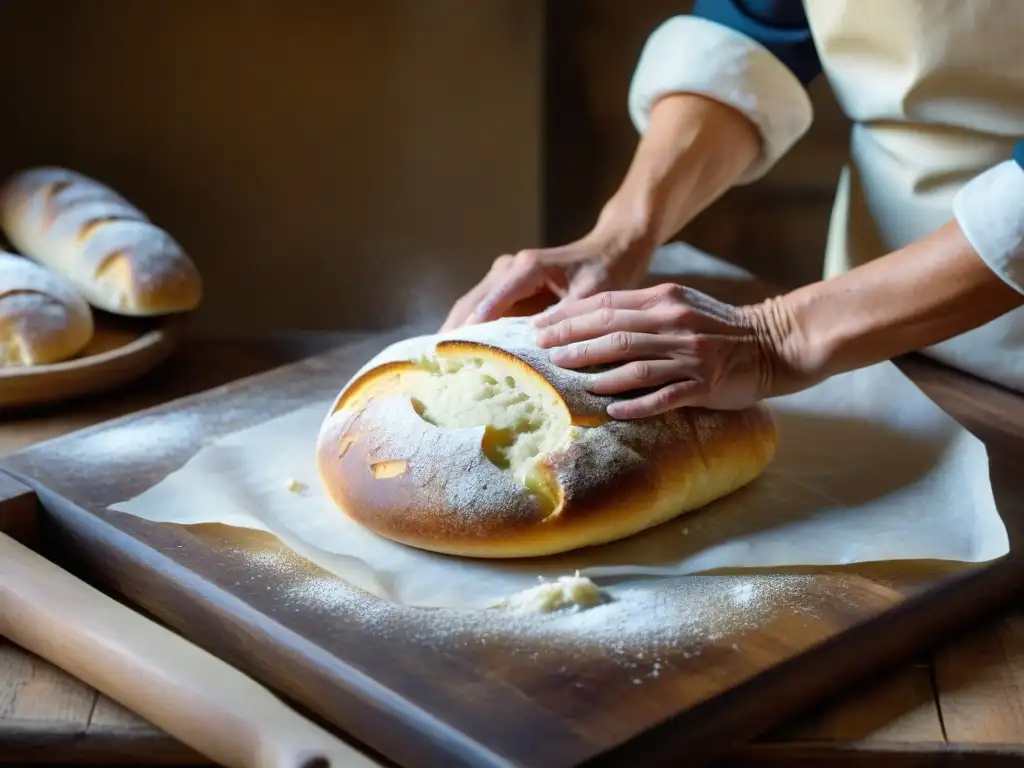 Las hábiles manos del panadero moldean la suave masa de Ciabatta con precisión