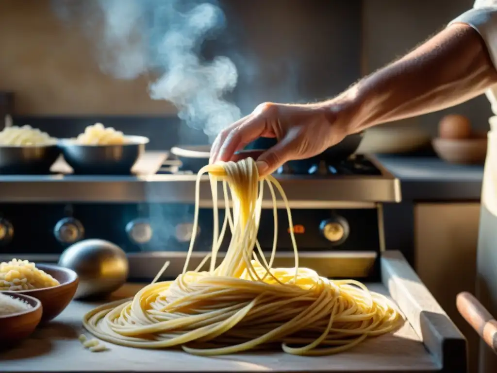 Hábiles manos crean pasta romana en cocina vintage