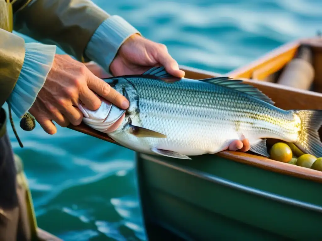 Las hábiles manos de un pescador ligure filetean una lubina plateada en su barca de madera, en el mar cristalino