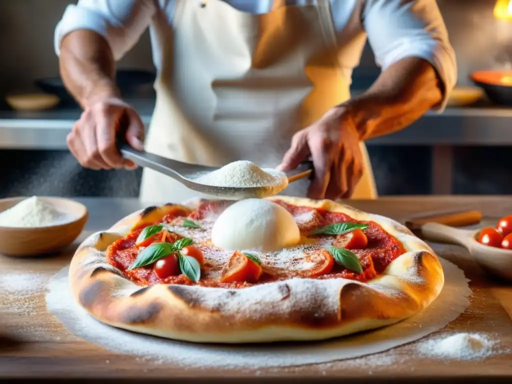 Las hábiles manos de un pizzaiolo napolitano estirando masa, con ingredientes tradicionales alrededor en una pizzería en Nápoles, Italia