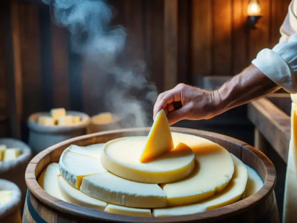 Hábiles manos de un quesero italiano mezclando curds en un gran recipiente de madera, mostrando técnicas de fermentación quesos italianos