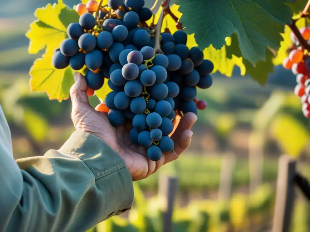 Las hábiles manos de un viticultor italiano certificado sostienen uvas Sangiovese recién cosechadas bajo el sol dorado de la Toscana