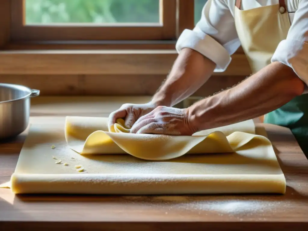 Las habilidosas manos de un chef toscano creando pappardelle, mostrando técnicas de cocina tradicionales Toscana