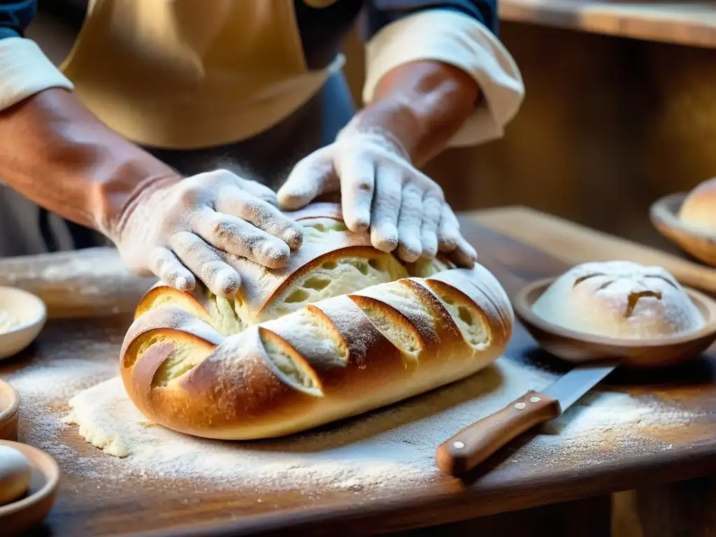 Las habilidosas manos del panadero italiano moldeando masa con herramientas tradicionales, resaltando la importancia del pan en Italia