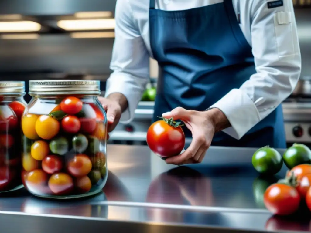 Un habilidoso chef italiano sella frascos de tomates frescos con tecnología de envasado al vacío en una cocina moderna