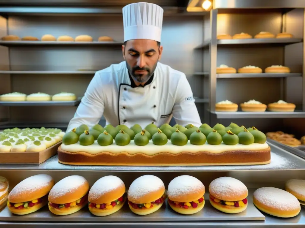 Un habilidoso chef de repostería prepara una Cassata Siciliana receta tradicional en una bulliciosa panadería siciliana