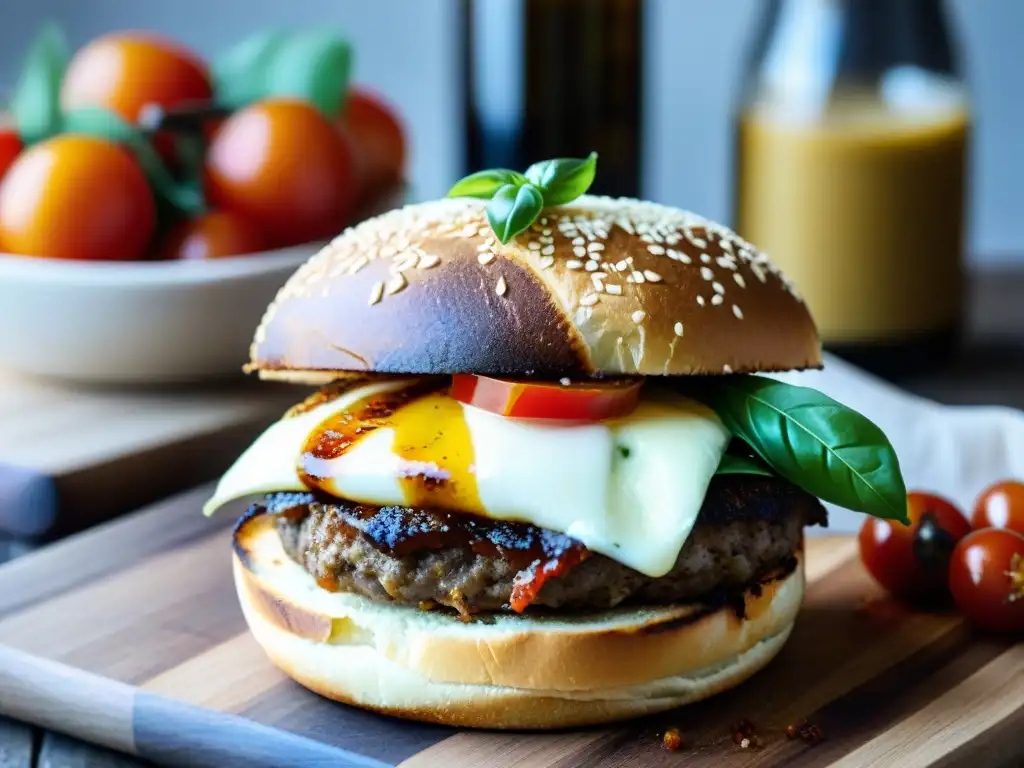 Hamburguesa gourmet estilo italiano con mozzarella, albahaca y pesto de tomate seco en pan brioche tostado