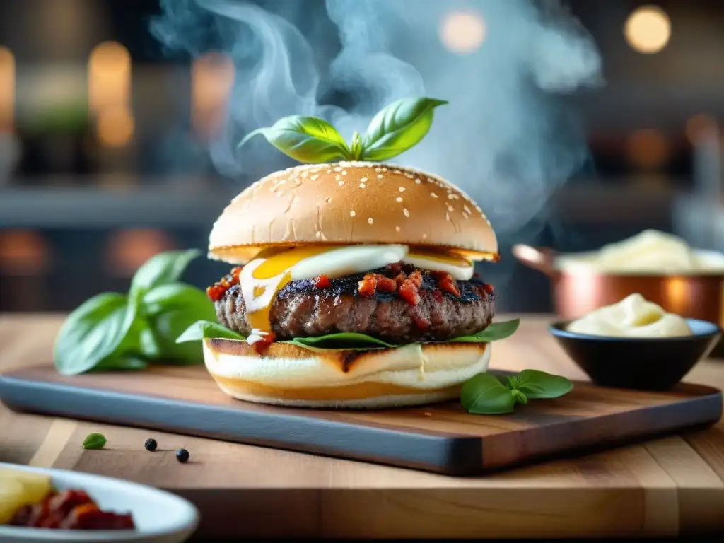 Hamburguesa gourmet italiana con queso derretido, albahaca fresca y tomates secos, junto a papas trufadas y chefs en cocina italiana