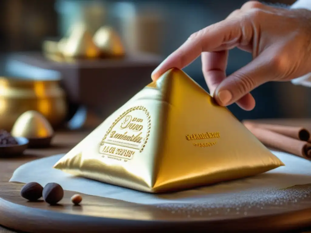 Un Gianduiotto recién hecho es envuelto con delicadeza en papel dorado por manos expertas en una chocolatería italiana