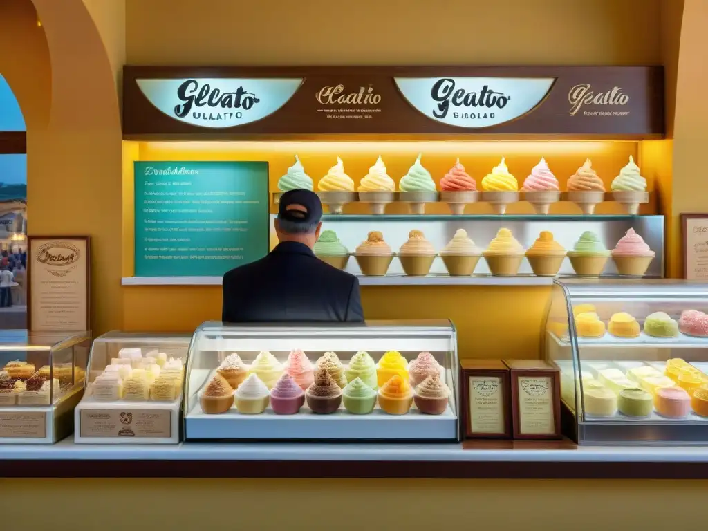 Una heladería italiana tradicional con una variedad de sabores de gelato tentadores y coloridos en vitrinas