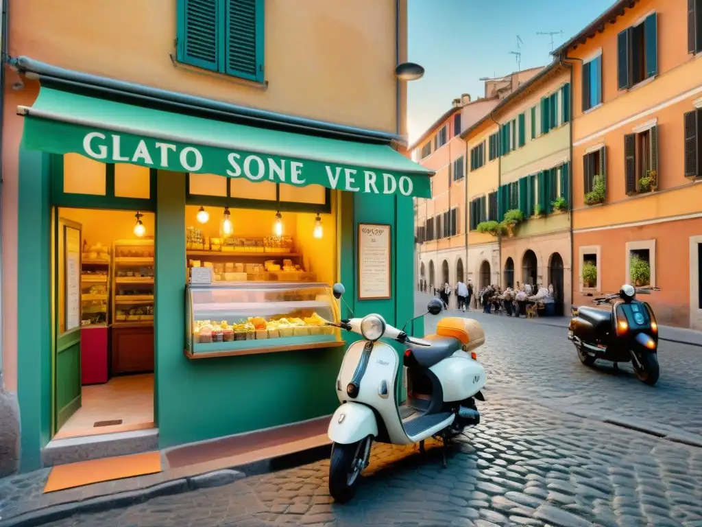 Una heladería tradicional en una encantadora calle de Roma, con clientes disfrutando de postres italianos sostenibles deliciosos