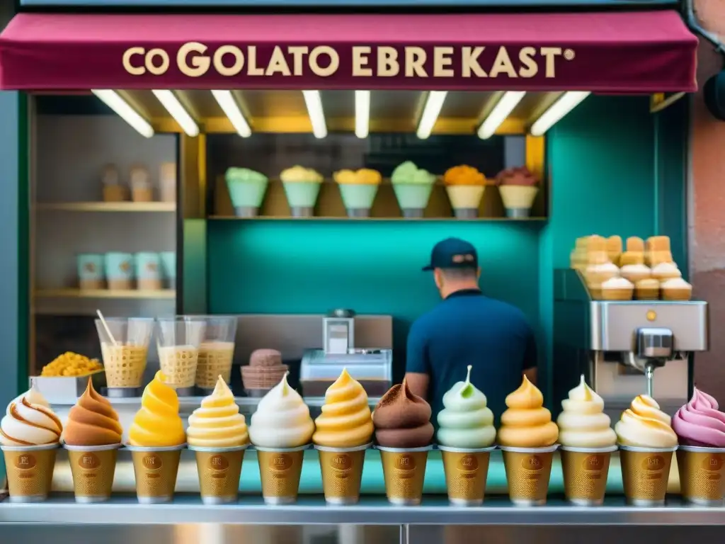 Una heladería vibrante en Italia al amanecer con clientes disfrutando gelato para desayunar recetas originales