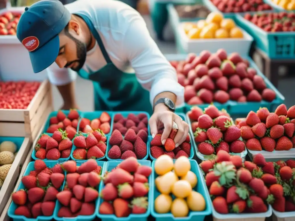 Un heladero seleccionando las mejores fresas en un mercado, para crear un delicioso gelato artesanal