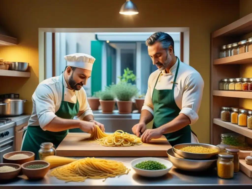 Dos hermanos en su cocina italiana preparando pasta artesanal con pasión al atardecer, rodeados de especias