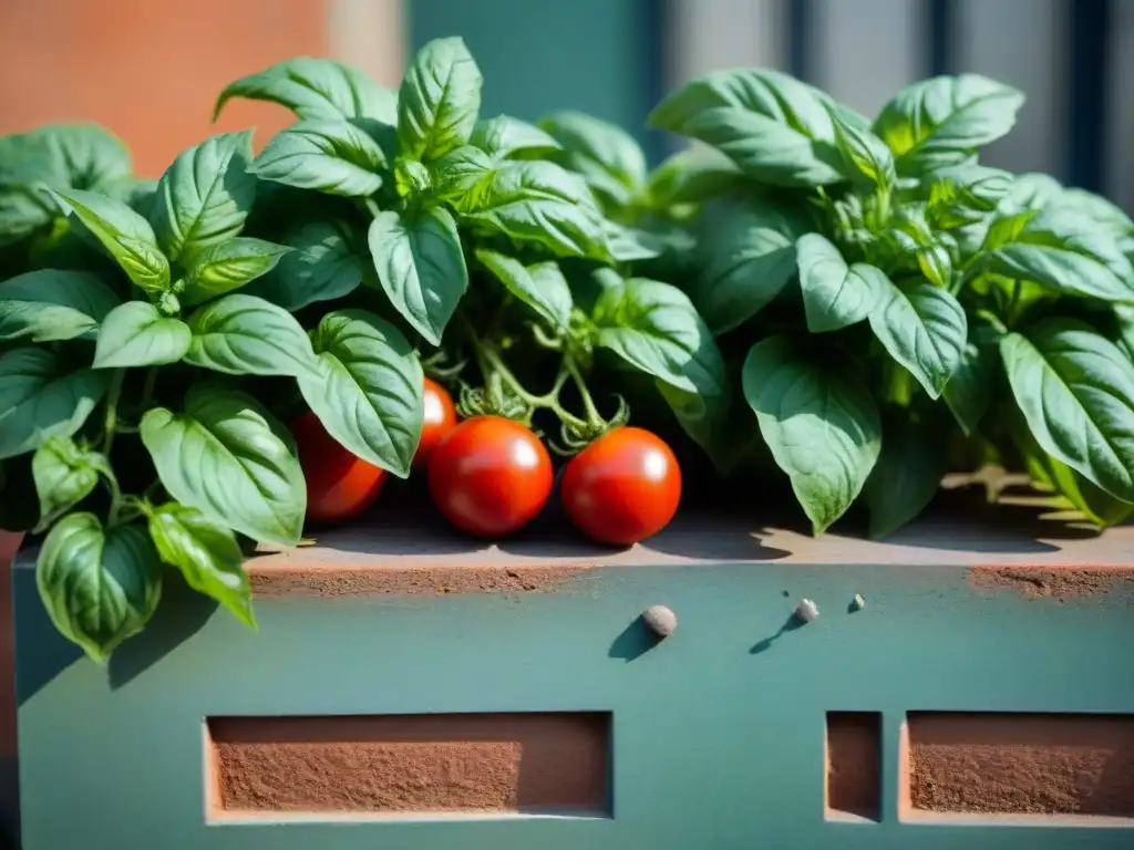 Hermosa escena de hojas de albahaca verde brillante con gotas de agua, entre tomates rojos en un huerto italiano en la ciudad