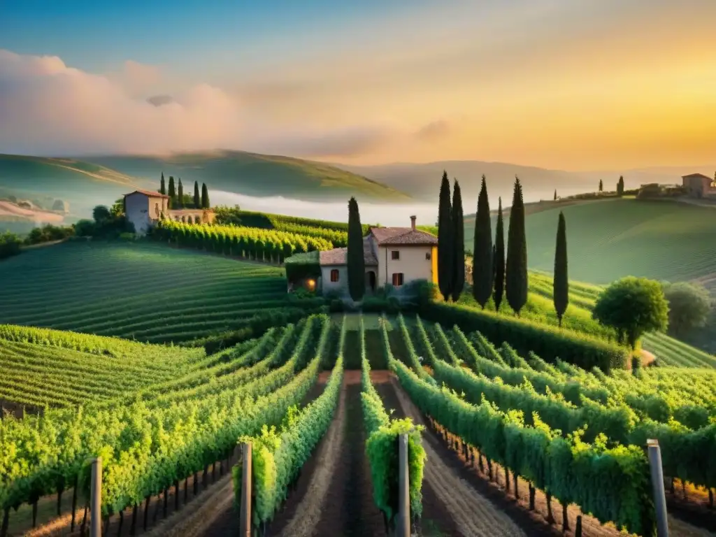 Una hermosa estampa de un viñedo italiano al atardecer, con viñedos exuberantes y una casa de piedra rústica entre ellos