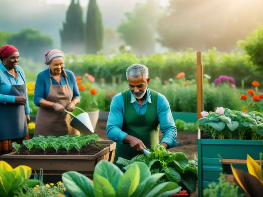 Un hermoso jardín comunitario en Italia con personas de diferentes edades y orígenes trabajando juntas en proyectos comunitarios sostenibles