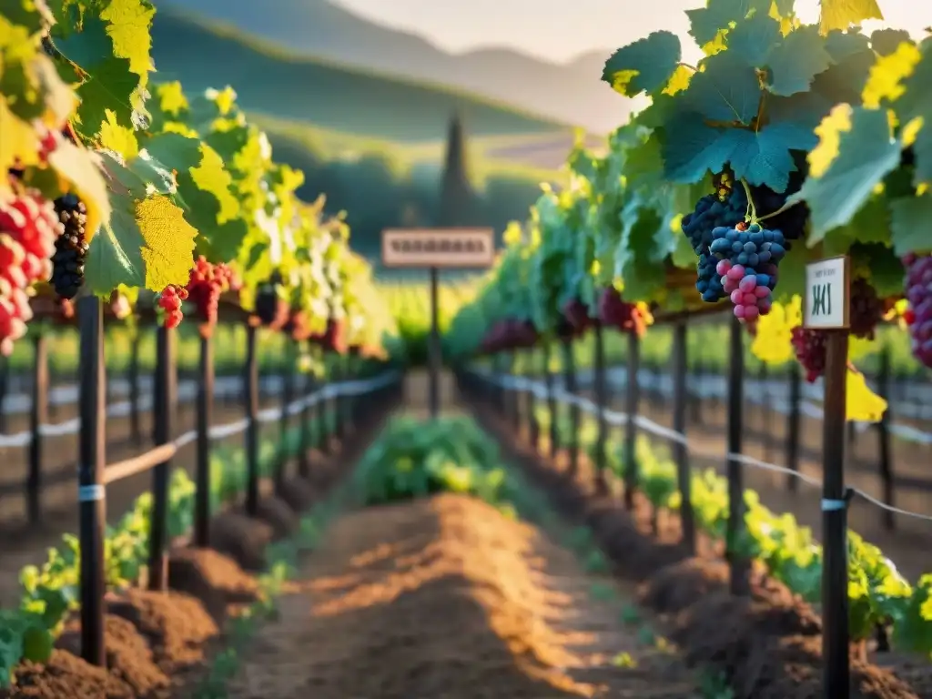 Un hermoso viñedo al atardecer con filas de uvas maduras, un letrero de madera y una sala de degustación de vinagres balsámicos