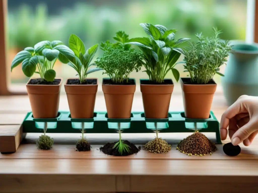 Plantando hierbas italianas en casa: sembrando semillas en macetas de terracota sobre mesa de madera rústica, con luz natural