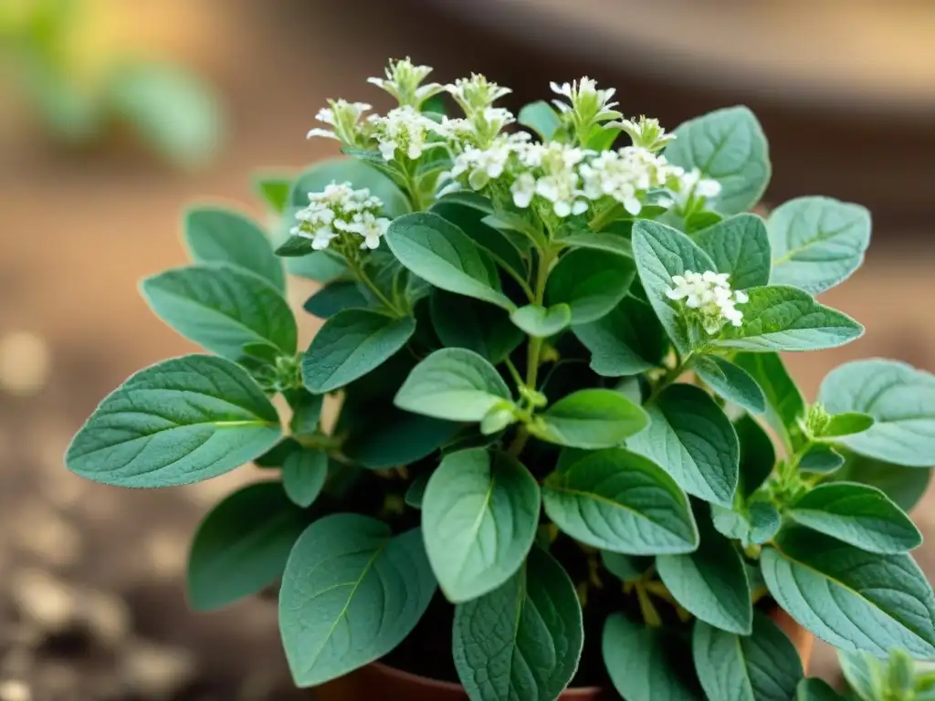 Hierbas italianas para huerto casero: Detalle de exuberante planta de orégano con hojas verdes y flores blancas en jardín