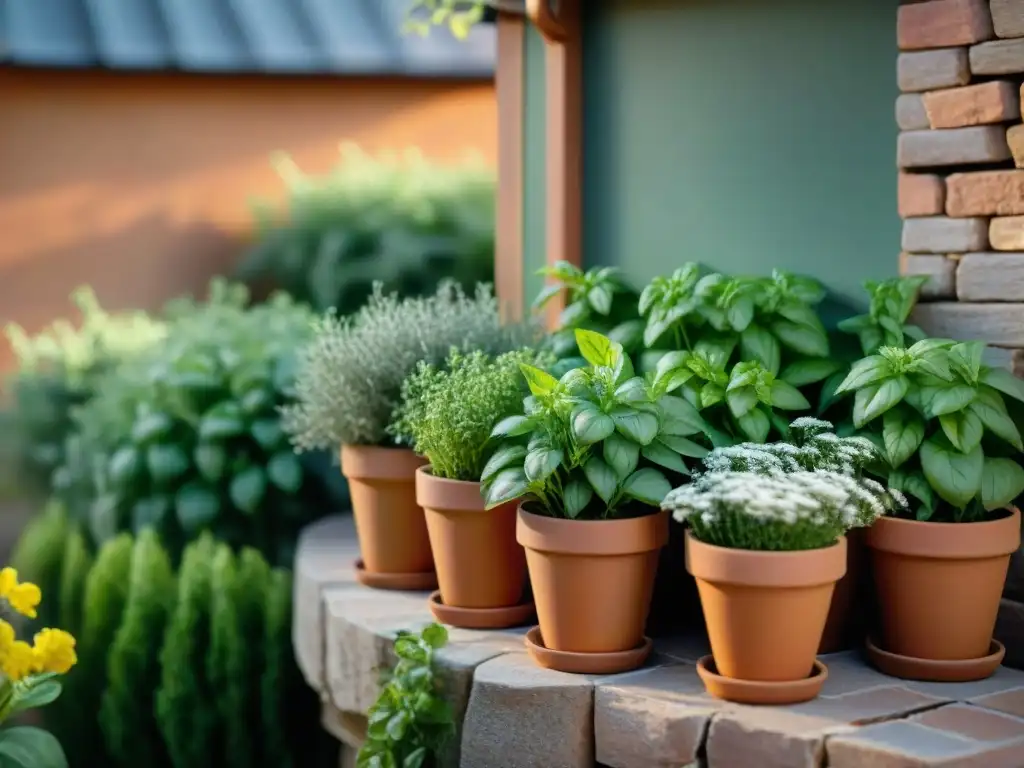 Jardín de hierbas italianas con sabores distintivos, bañado en luz dorada con abejas revoloteando entre las plantas aromáticas en macetas de terracota