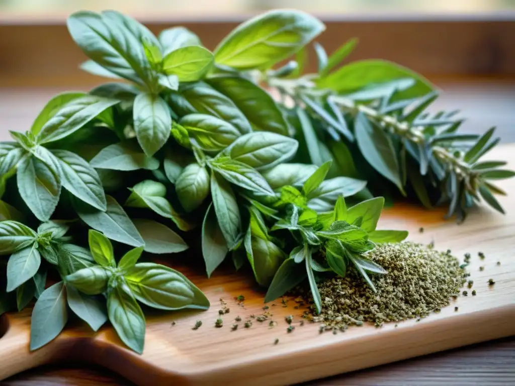 Hierbas italianas para potenciar sabores: frescas y vibrantes en tabla de madera rústica, bañadas por luz natural