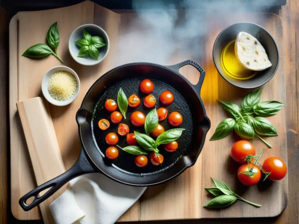 Una sartén de hierro fundido con ingredientes italianos vibrantes, emitiendo aromas tentadores y tradición culinaria