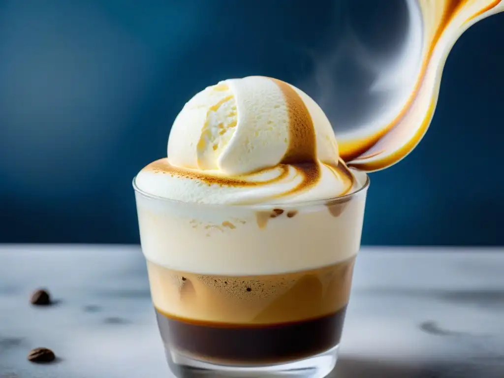 La historia del Affogato café helado cobra vida en una danza hipnotizante de texturas y contrastes entre el espresso y la crema de vainilla