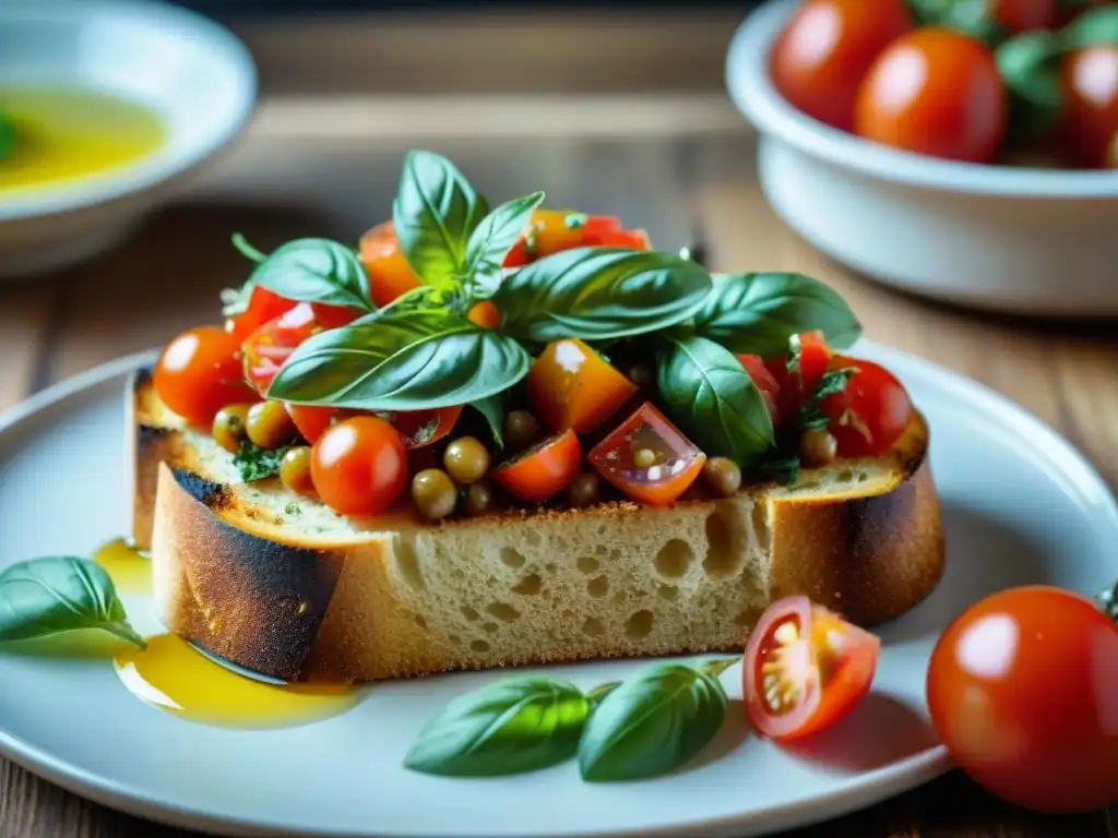 Una historia de la Bruschetta italiana: Detalle de una mesa rústica con bruschettas vibrantes y frescas, bañadas en tomate, albahaca y aceite de oliva